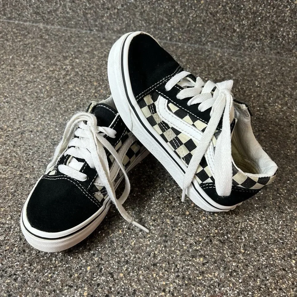 Vans Classic Little Kids Sz 12 Sneaker Shoe Lace Up Low Black Check Suede/Canvas